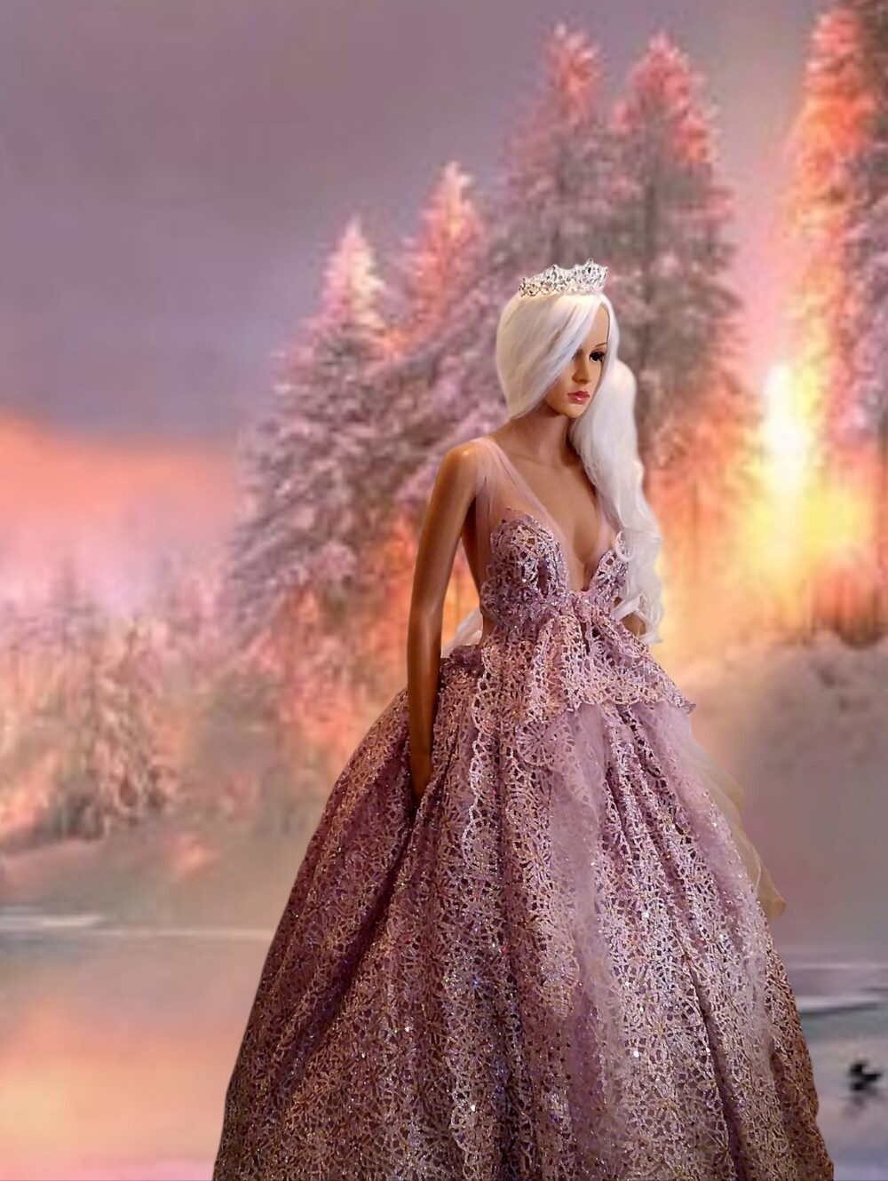 "WINSLET" Pink & Silver Medieval Goddess Babydoll Wedding Ballgown Set